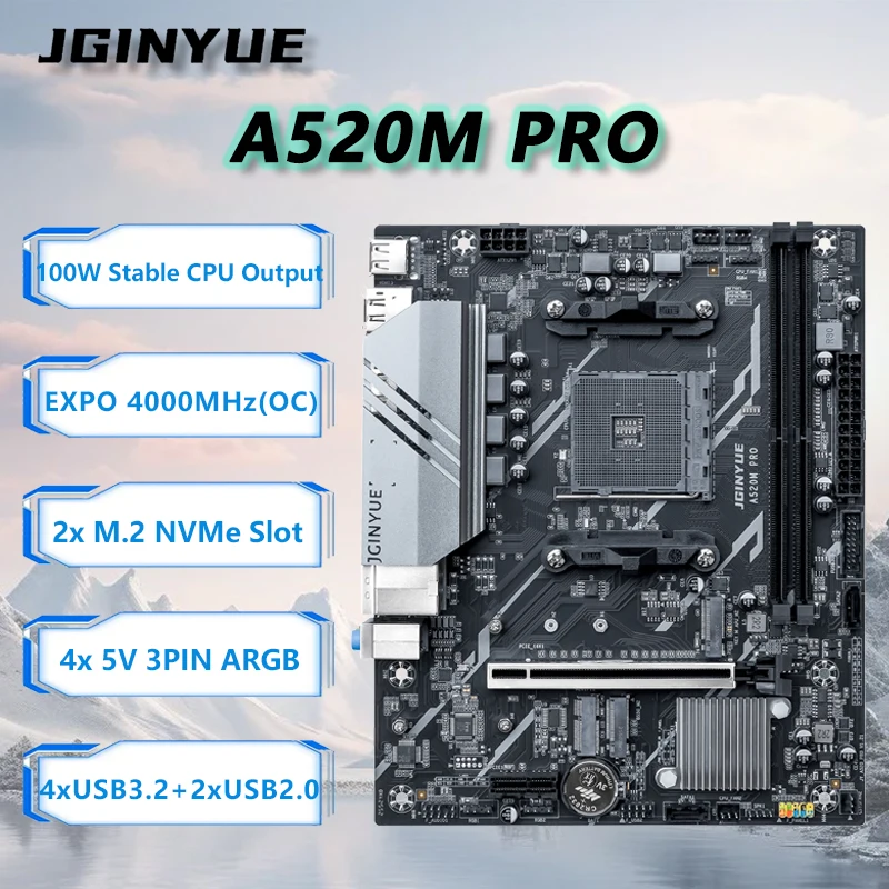 

Материнская плата JGINYUE A520M PRO M-ATX AM4 для процессоров AMD Ryzen 5000 серии, поддержка EXPO DDR4 RAM, для настольных ПК, в коробке, 5500/5600/5700GT ARGB