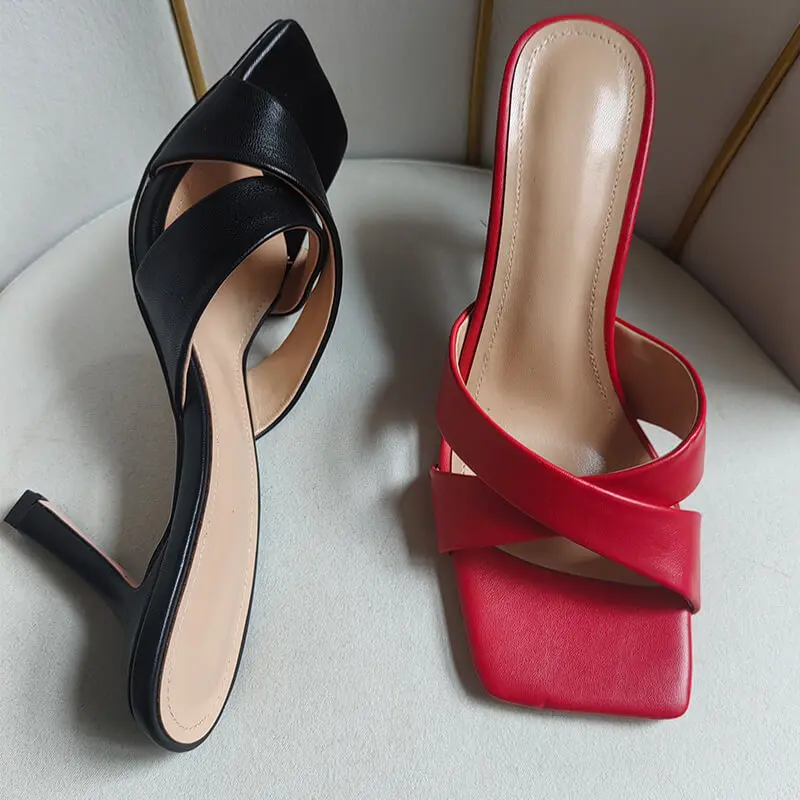 Onlymaker Women Red Square Toe Mules 9.5CM Thin Heel Open Toe Big Size Stiletto Sandals