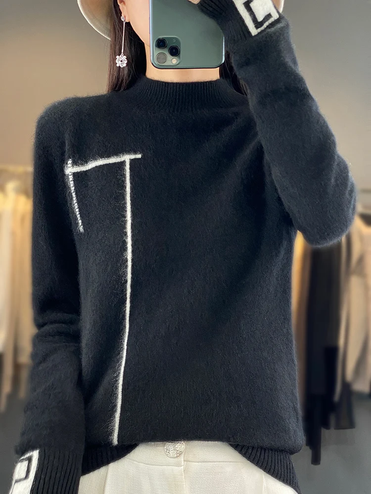 Autumn Winter Women's 100% Pure Merino Wool Sweater Mock-Neck Pullover Basis Casual Cashmere Female Elegant Clothing Tops