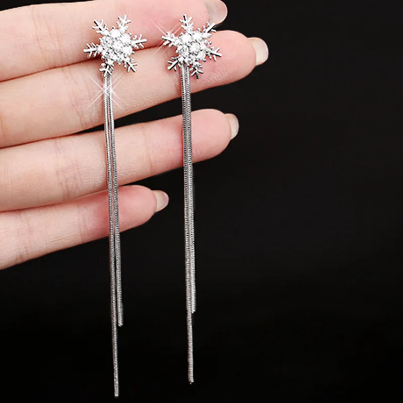 2023 New Shiny Zircon Snowflake Stud Earrings for Women Long Tassel Earring Engagement Anniversary Earring Jewelry Pendientes