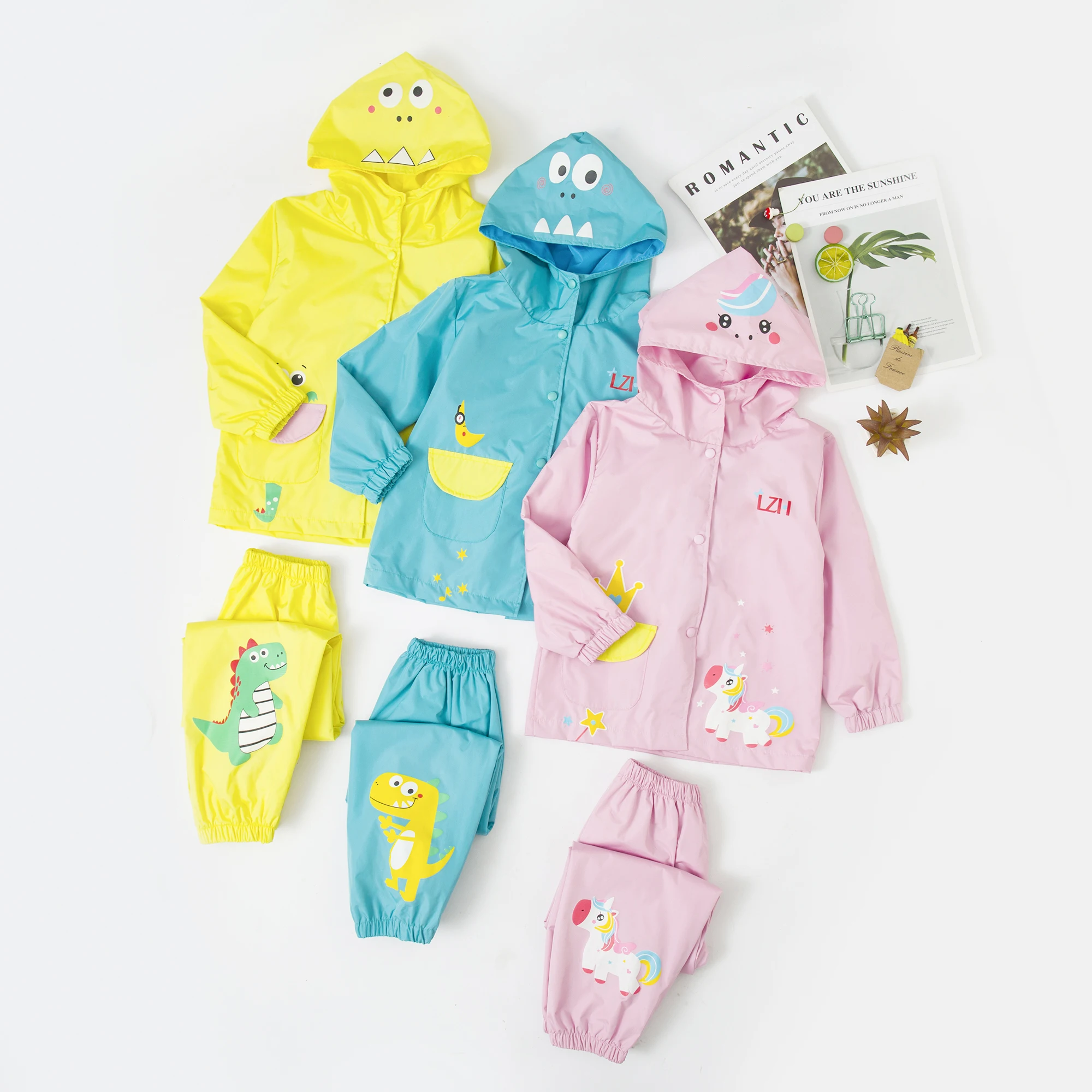 Spring Unicorn Waterproof Clothes Long Sleeve Boy Girls Outfits Hoodie Coat+Pants Sets Raincoat Children Clothing 2 4 6 Years