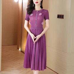 2024 Summer New Women's Silk Printed Short Sleeve Fake Two piece Dress O-neck Elastic Large Size Nail Bead Knee Long Dress