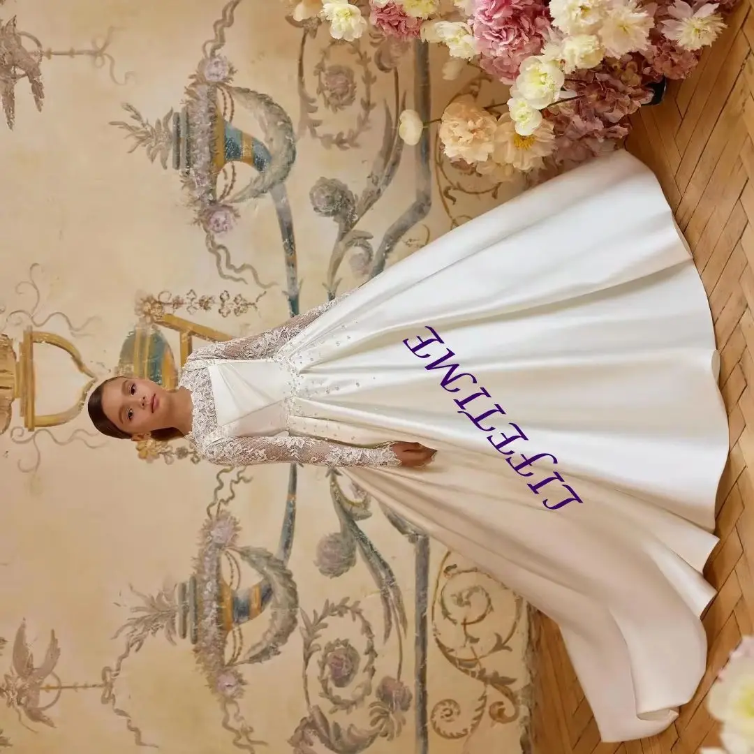 

Платье цвета слоновой кости для девочек на заказ, кружевное атласное платье с пышной аппликацией и жемчугом, с длинными рукавами, детское платье для первого причастия на день рождения