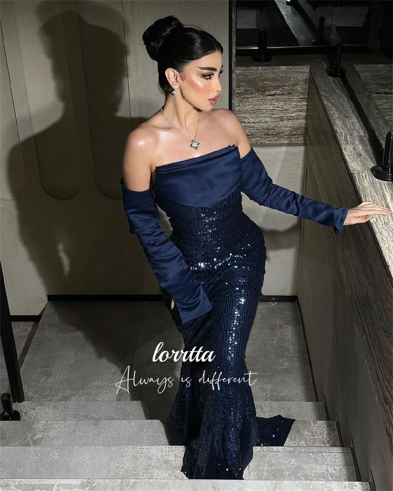 

Lorrtta Party Dress Dark Blue Fishtail Cut Sequined Fabric Evening Formal Dresses Woman Robes De Cocktail Robe Soiree Customized