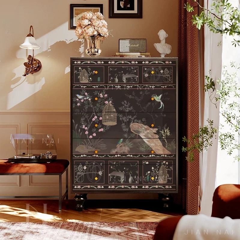 shoe cabinet Chinese wind flower bird solid wood chest living room wall drawer cabinet bedroom storage cabinet