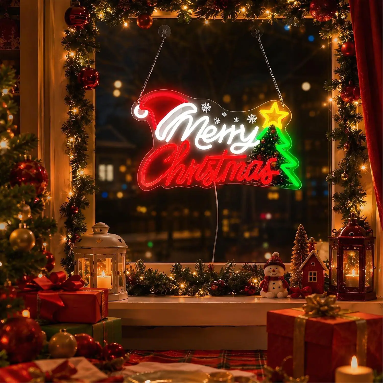Merry Christmas With Santa Hat Christmas Tree Snowflake Neon Sign USB Dimmable LED Light For Xmas Holiday Home Window Wall Decor
