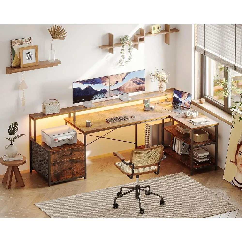 Desk with Power Outlet & LED Strip, Office Desk with Storage Shelves, Gaming Desk with Monitor Shelf, Corner Desk, Vintage