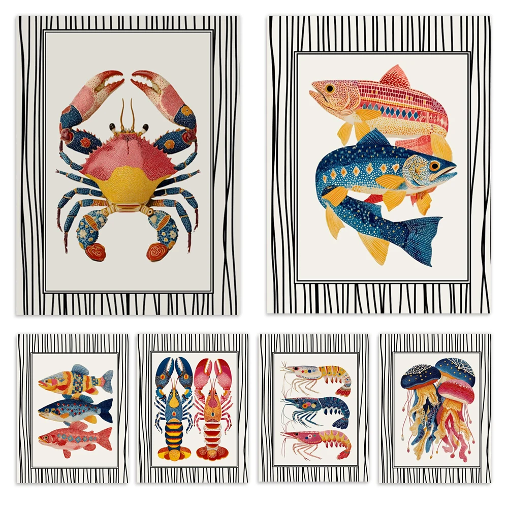 Posters featuring brightly colored crabs, lobsters, jellyfish, fish, seaweed, nautical seafood illustrations, and marine life.