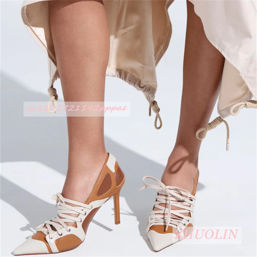 Women Camo Patchwork Perforated Pink Lace Up Pumps Pointed Toe Stiletto Heels Tie Streetwear Club Y2k Formal Dress Footwear 46 - view 3