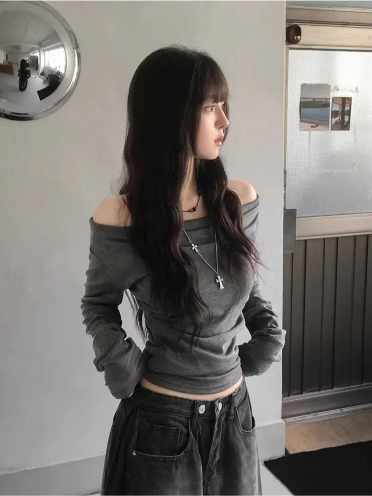 Women Draped Off Shoulder Ruched Long Sleeve T‑shirt Autumn Sweet Cool Spice Girl Cinched Waist Slim Casual Top