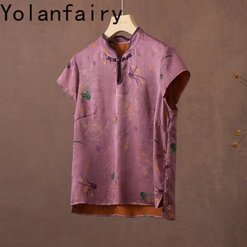 YOLANFAIRY 100% Mulberry Silk T Shirts for Women Summer Luxury Red Gambiered Satin Blouse Elegant Wrapped Sleeve Womens Tops