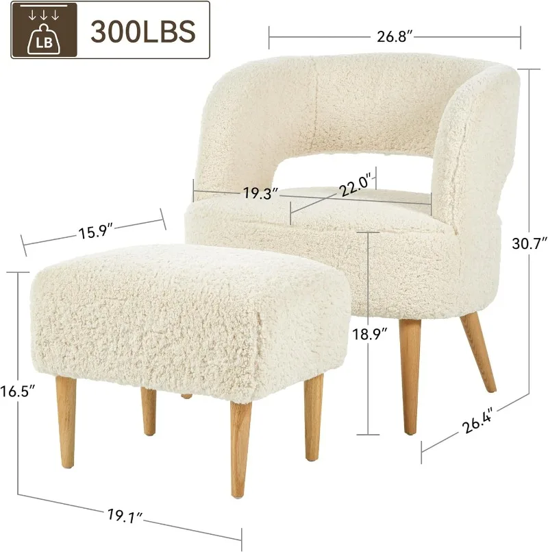 Accent Chair with Ottoman Teddy Fleece Upholstered Armchair Mid-Century Modern Comfortable Chairs and Ottoman Set w/ Wooden Legs