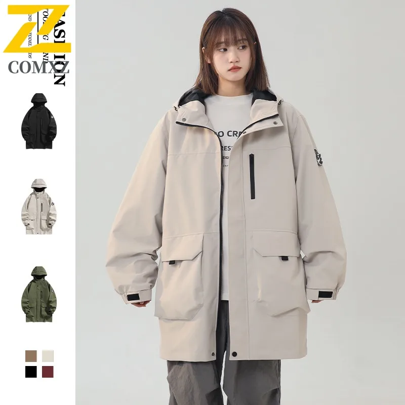 

COMXZ 2025 Spring Mid Length Trench Coat Men Workwear Hooded Jacket Casual Windproof Trendy Lightweight Outerwear