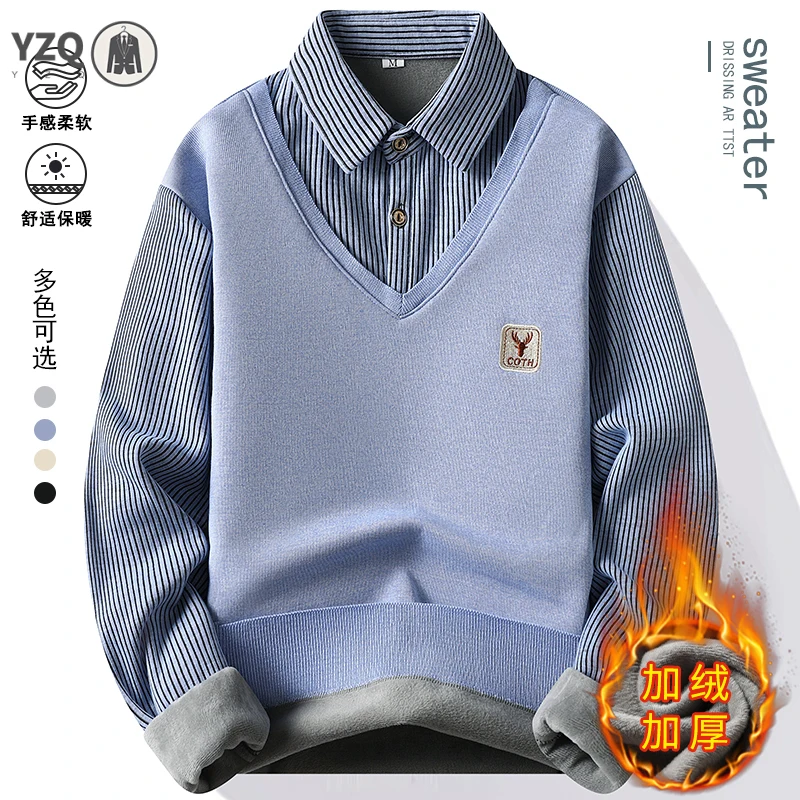 V Neck Rib Fake Layered Long Sleeve Knitwear Fleece Lined Striped Lapel Deer Patch Autumn Winter Warm Casual Pullover