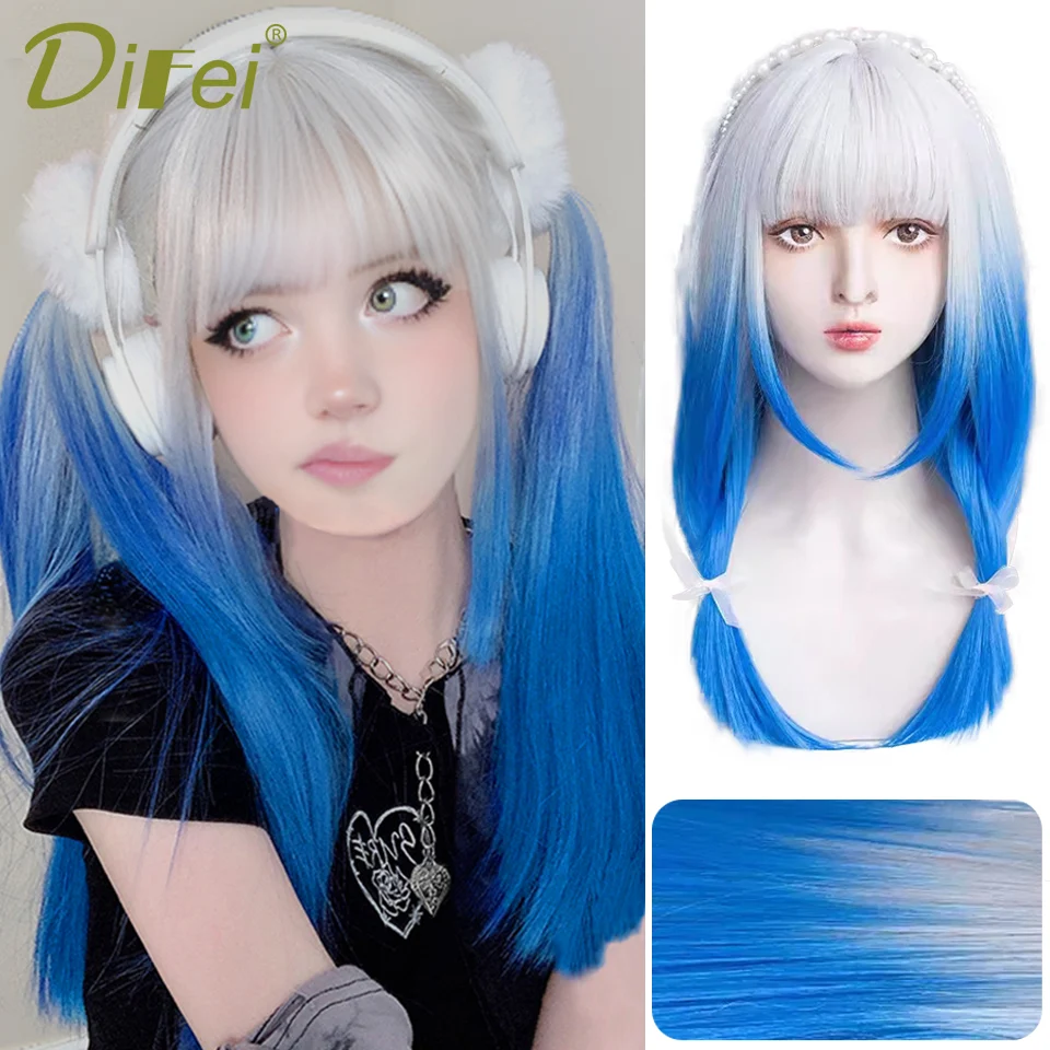 DIFEI Gradient Straight Hair Synthetic Long Hair Wig Gray Gradient Blue Lolita Beauty Everyday Girl Cosplay Christmas Party Wig