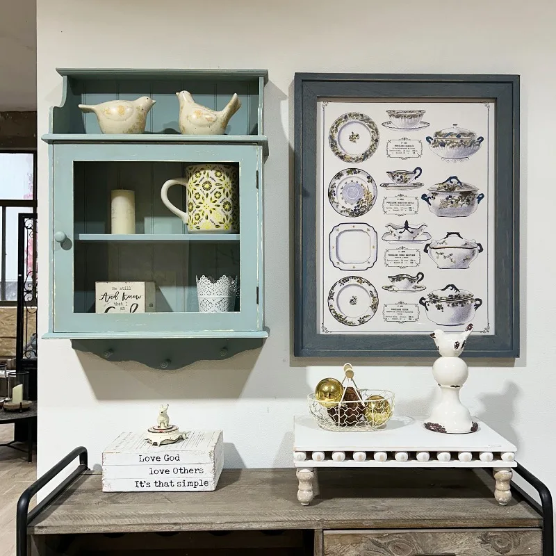 Vintage Distressed Display Cabinet Hanging Dishware Storage for Living Room Home Decor Organizer Rustic Decorative Storage Rack