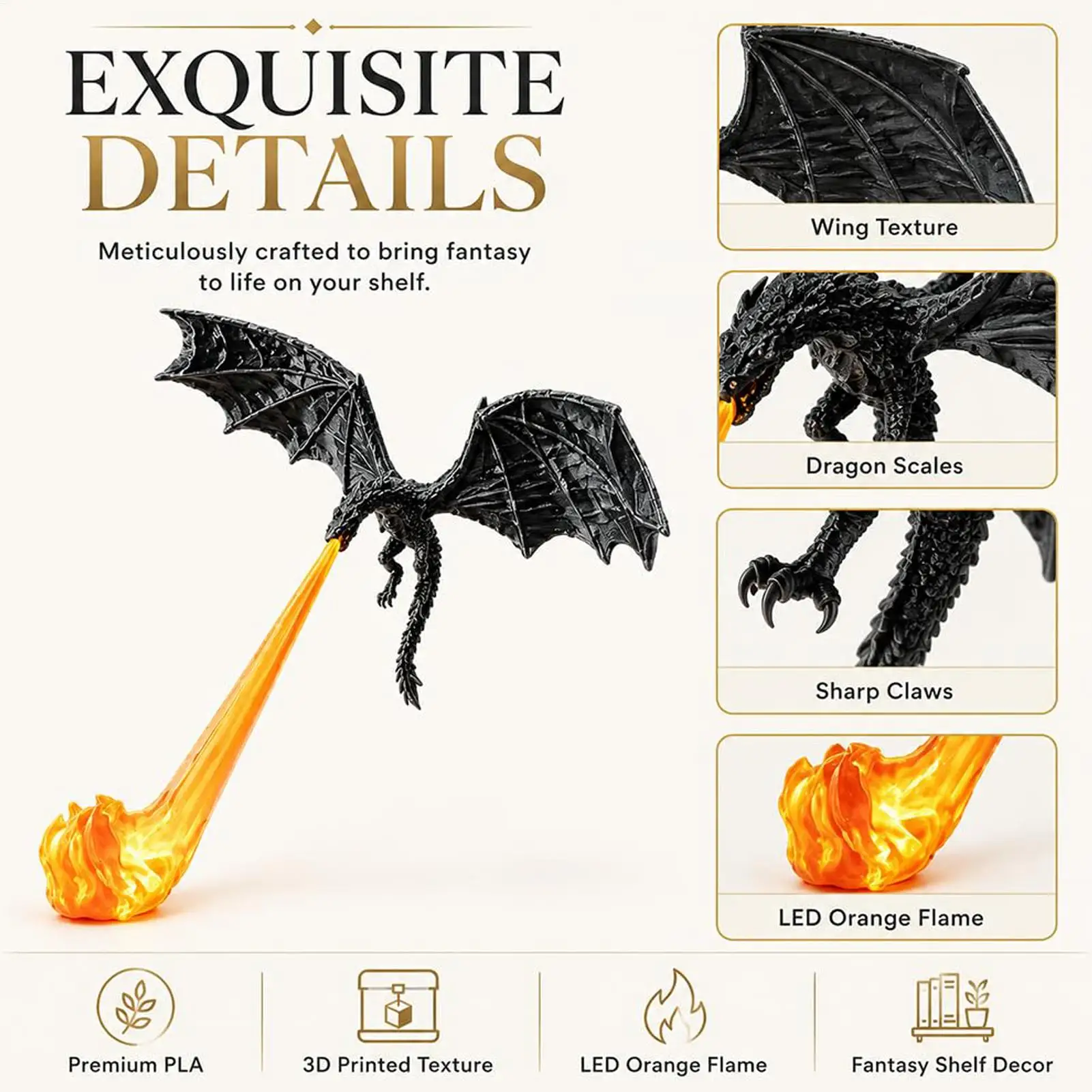 Dragon Bookshelf Nook Light 3D Printed Fantasy Sculpture 3D Dragon Flame Book Nook Statue for Halloween Shelf Display