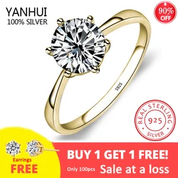 YANHUI Luxury Gold Color Tibetan Silver Ring With Solitaire 6mm White Zirconia Engagement Jewelry Wedding Band