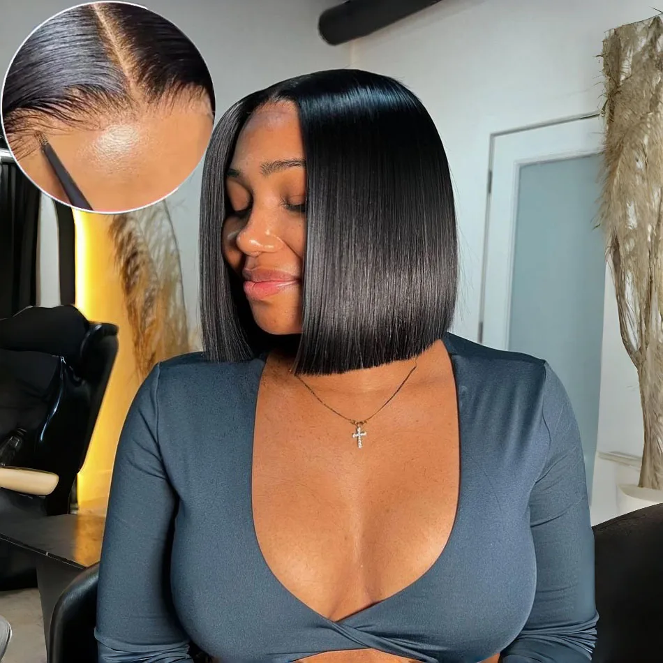 

Парик-каре 4x4 5x5 без клея, прямой, из натуральных волос, короткий, без HD-кружевной основы, готовый к ношению, черный, для женщин