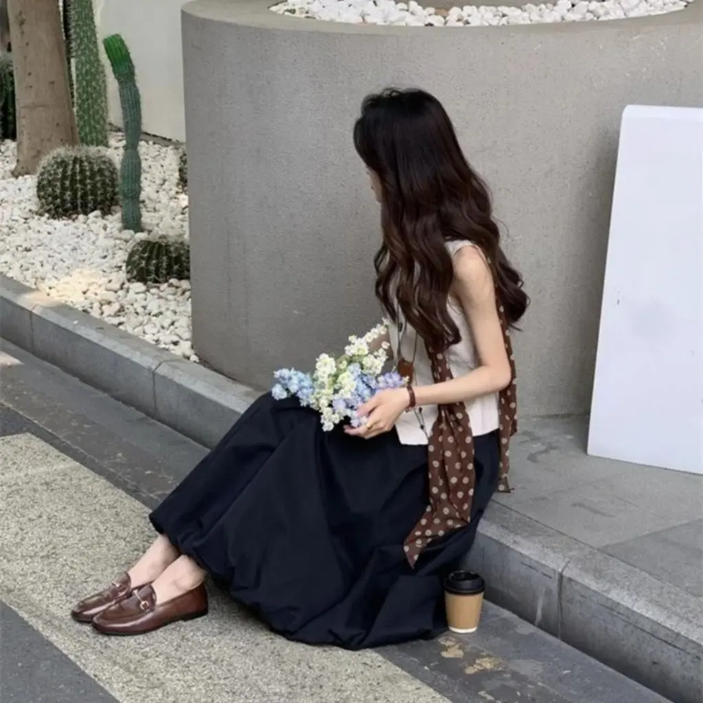 

Летний женский ансамбль OOTD, жилет, топ, элегантная юбка средней длины, художественная рубашка-туника, юбка-миди, модный женский костюм