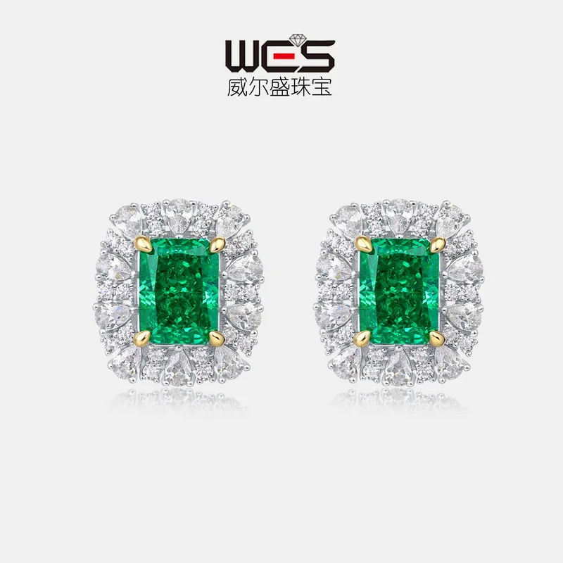 Jewelry 18K Gold PT950 Platinum Vintage Emerald Beautiful Earrings Plated with High Carbon Diamond Simple Earrings