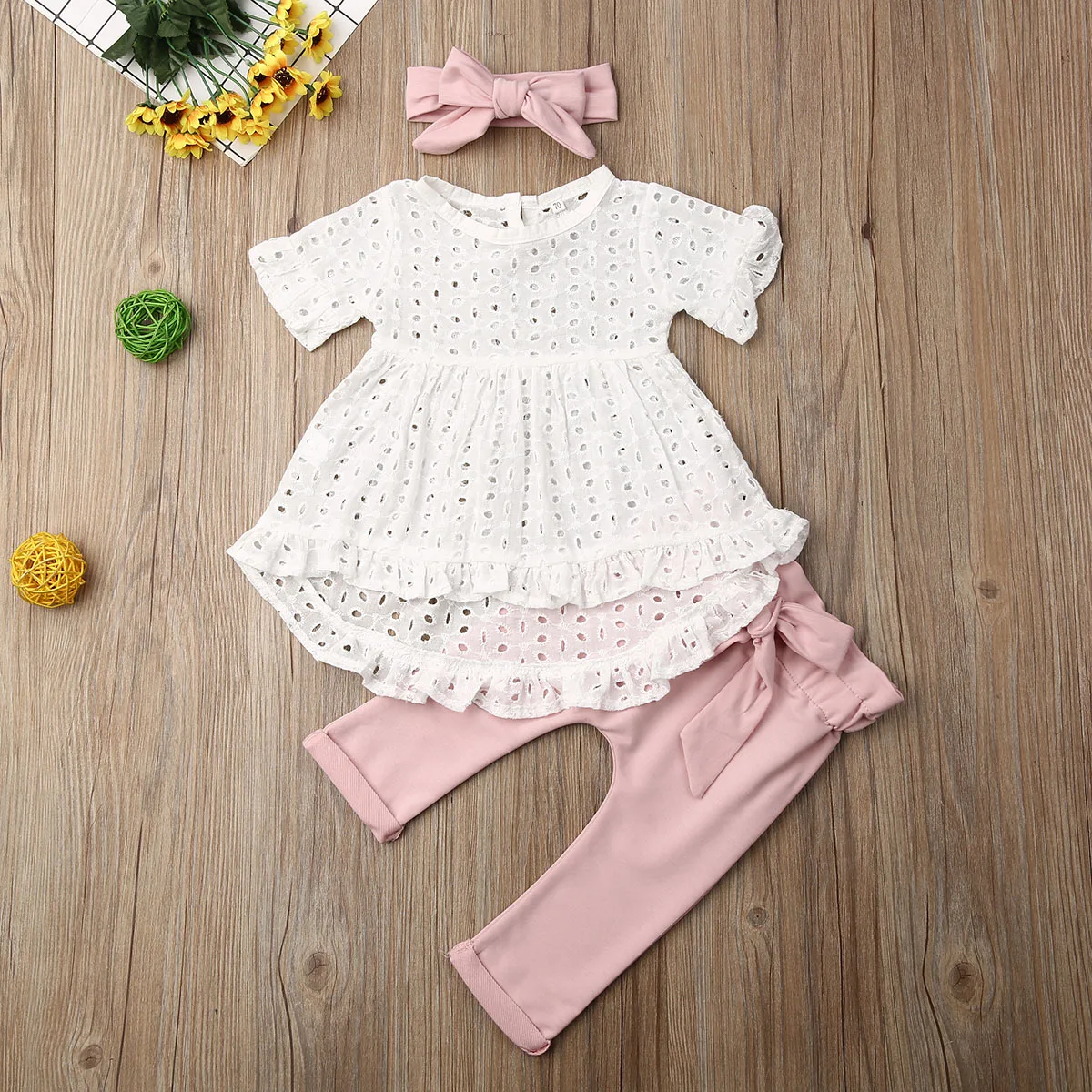 Baby Girls Summer Clothes Sets Short Sleeve Hollow-out Lace Tops Elastic Waistband Bowknot Trousers Headband 3Pcs Outfits