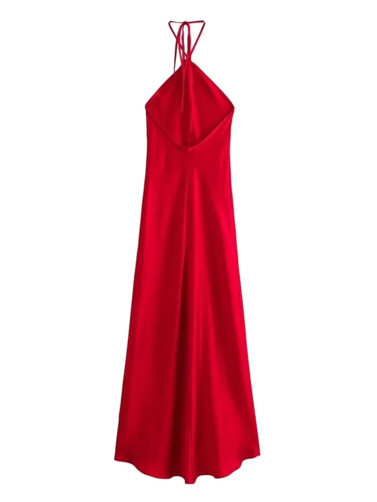 Elegancka satynowa długa sukienka damska 2025 nowa letnia seksowna sukienka midi z odkrytymi ramionami i dekoltem w kształcie litery O, damska szykowna czerwona sukienka wieczorowa na imprezę