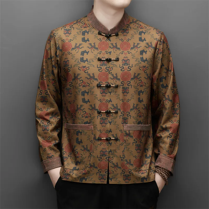 Seamless Print Tang Costume Shirts For Men Long Sleeve Exquisite Autumn Quality Frog Button Softness Easy Care Camisas De Hombre