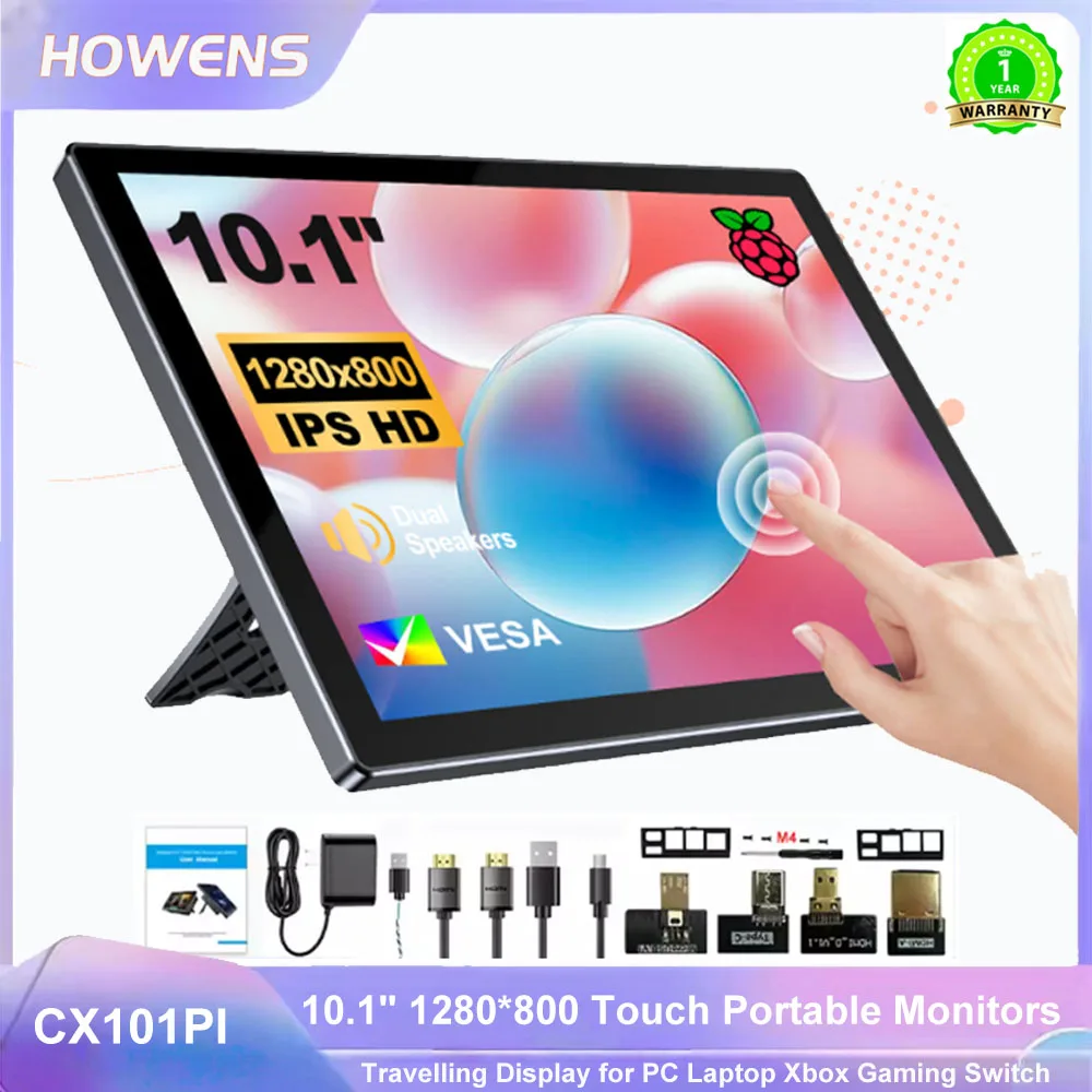 

10,1-дюймовый портативный монитор для Raspberry Pi 5 (модель Pi5) 4B/3B с HDMI, Type-C, встроенной системой воздушного охлаждения, сенсорным экраном 1280*800