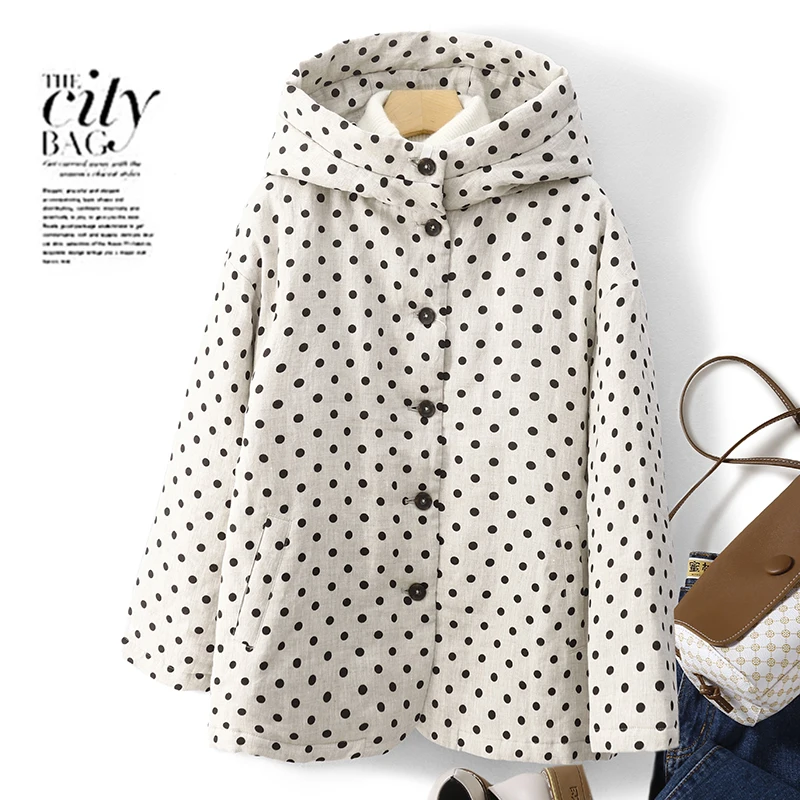 

High-End plus Size Fashionable Women's Winter Cotton Jacket Coat with Cotton Sandwich Hood Artistic Polka Dot Design