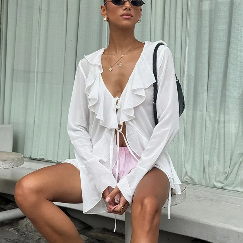 2025 New Women's Lace-up Shirt Fashion V-Neck Ruffle Long Sleeve Top White Casual Office Lady Loose Cardigan Summer Female Shirt
