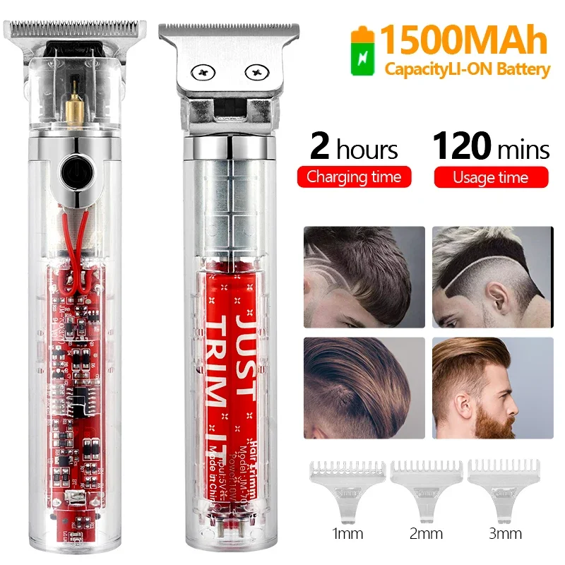 New Transparent Body Electric Hair Clipper Men Professional USB Rechargeable 0mm Hair Cut Machine