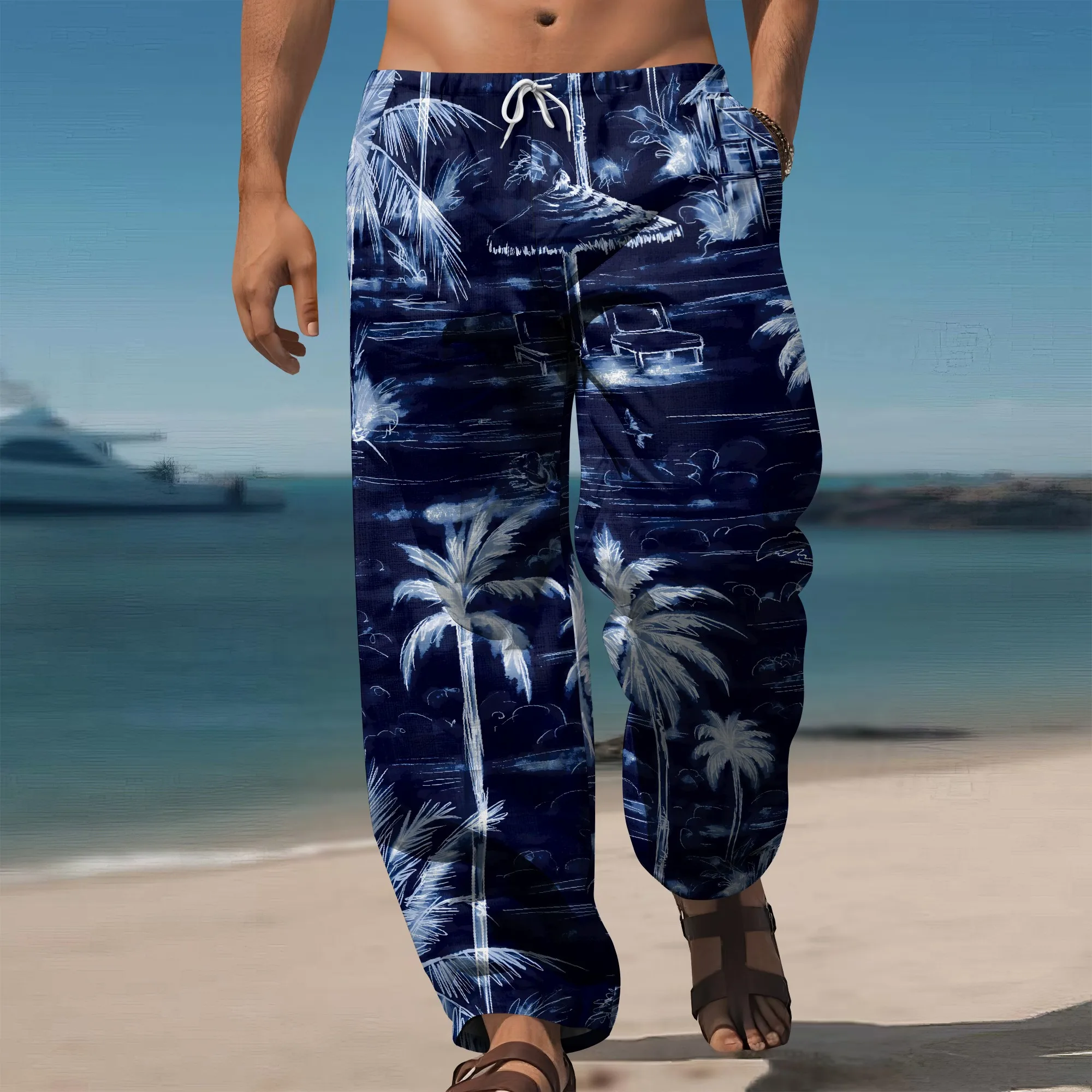 

YEAE Palm Tree Beach Print Pants for Men Summer Casual Loose Drawstring Trousers
