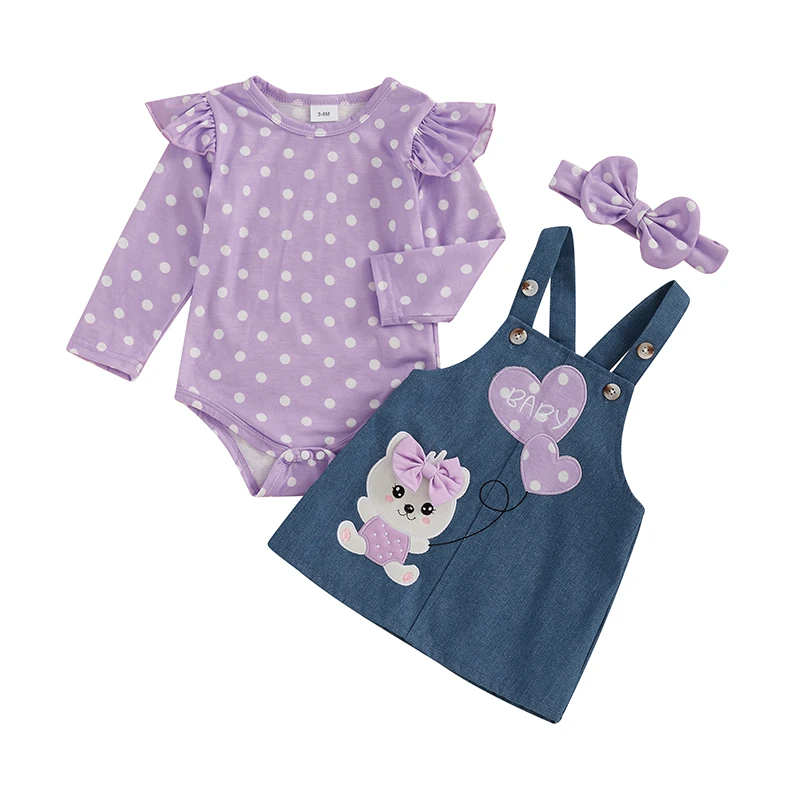 طفلة 3 قطعة مجموعة دوت كشكش كم طويل رومبير الدب القلب فستان عام القوس عقال ربيع الخريف وتتسابق