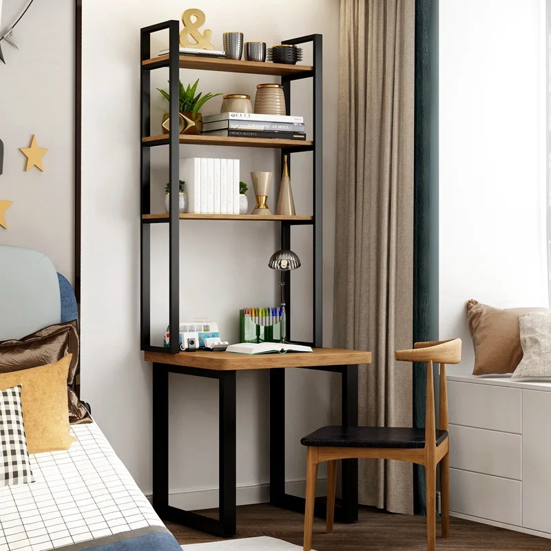 

Simple household solid wood wrought iron desk bookshelf integrated computer desk shelf combination bedroom writing study table