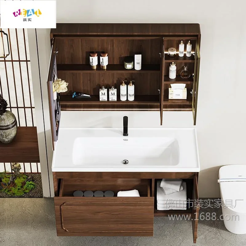 O9.7- Chinese high-end oak bathroom cabinet ceramic integrated basin washstand mirror cabinet small apartment combination