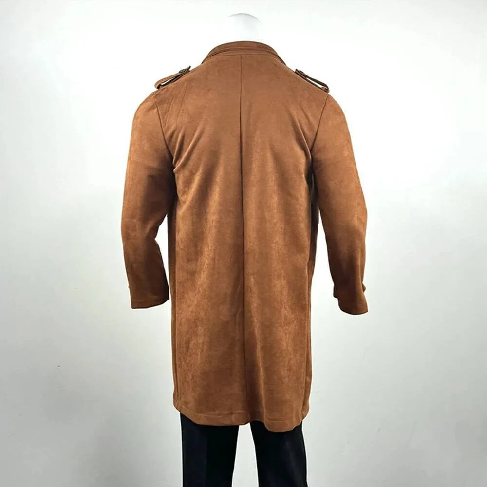 Nowa Jesienno-Zimowa Amerykańska Kurtka Retro z Zamszu Męska Średniej Długości Modna Kurtka w Stylu Streetwear z Klapami, Dwurzędowa