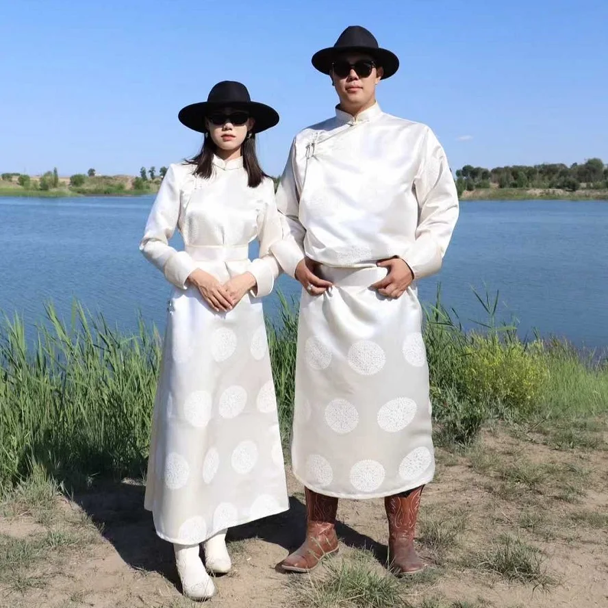 

East Asia Ethnic Couple Style Long Robe Floral Solid Color Satin Scenic Spot Clothing Casual Daily Traditional Mongolian Gown