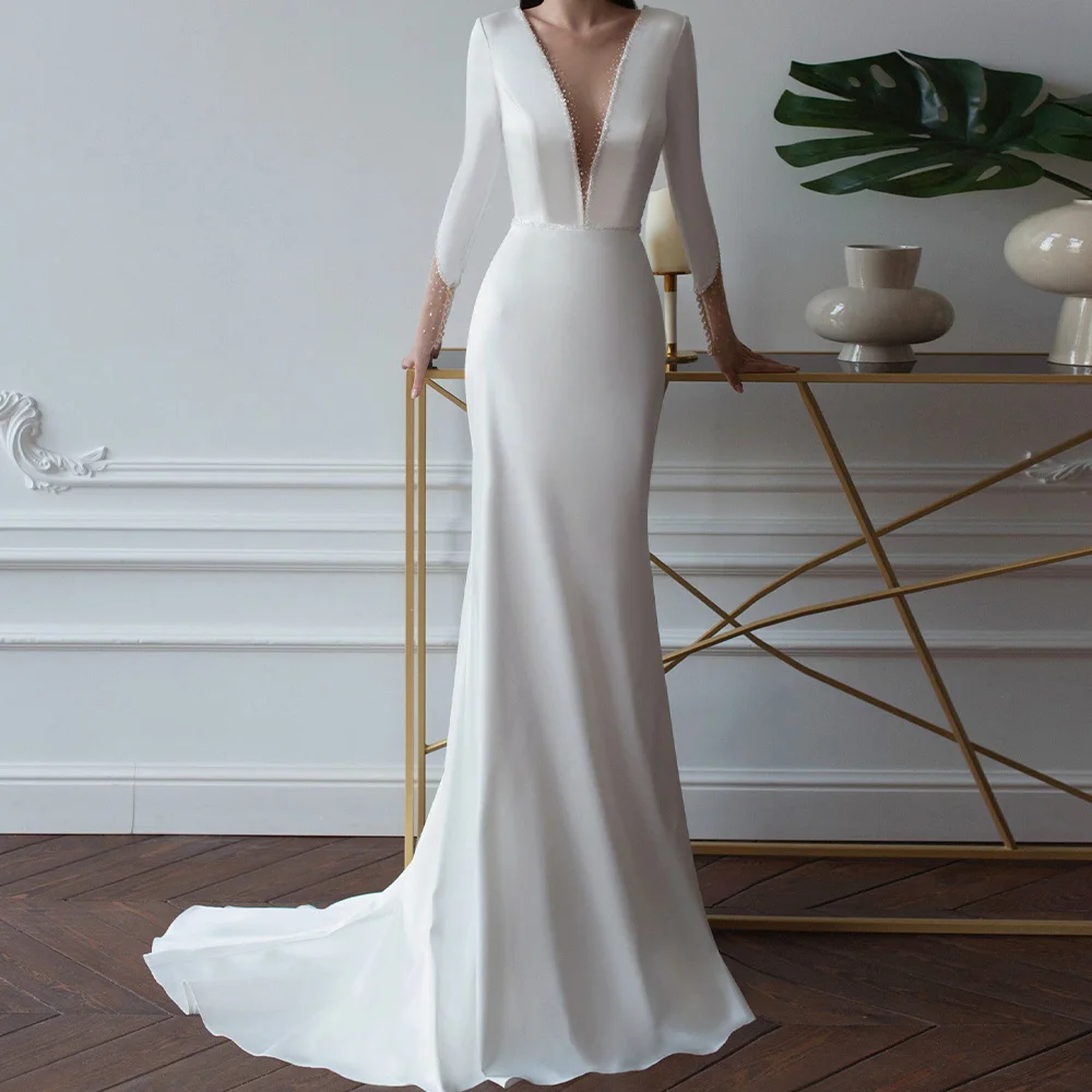 

CustomizedElegant and Exquisite Sequined Crystal Back White Jersey Deep V-Neck Wedding Dresses 3/4 Sleeves Sweep Train Floor Len