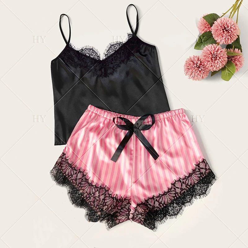 2pcs Summer Women\'s Sexy Home Casual Camisole Pajamas Set with Pink and Black Stripes Paired with Lace Edge V-Neck Sleepwear