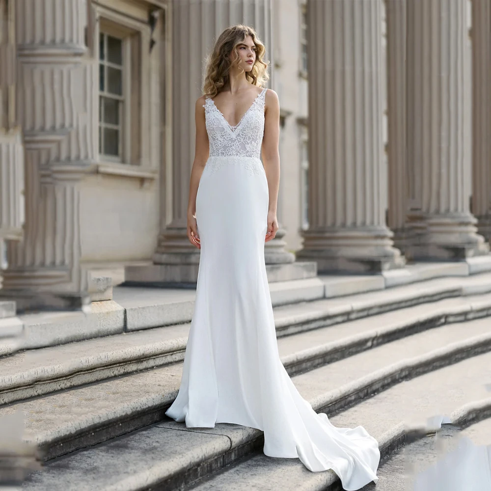 

Satin Wedding Dresses Mermaid Luxury 2025 Applique V-Neck Backless Sexy Bride Gowns Sleeveless Wedding Party Gown Customized