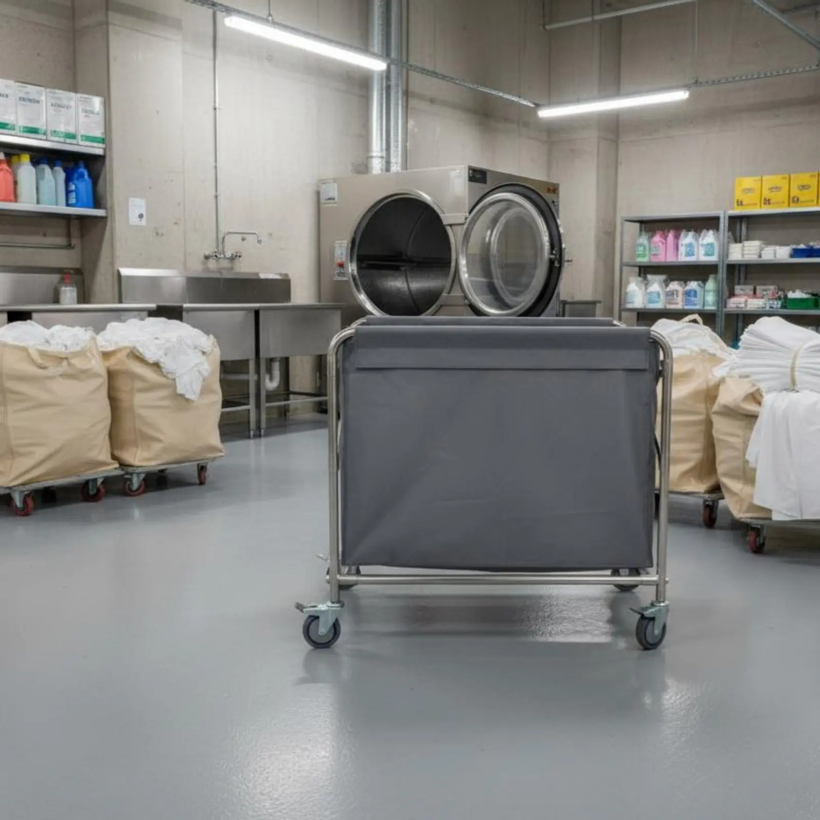 

Stainless Steel Linen Trolley Removable Bag Foldable Laundry Cart with Wheels Janitorial Equipment for Housekeepers, Hospital