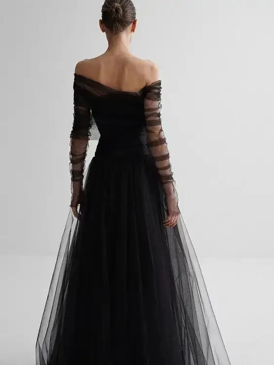 Black A Line Formal Party Dresses See Through Floral Prom Gowns Lush Long Sleeves Prom Gown Off Shoulder Tulle Ruffles