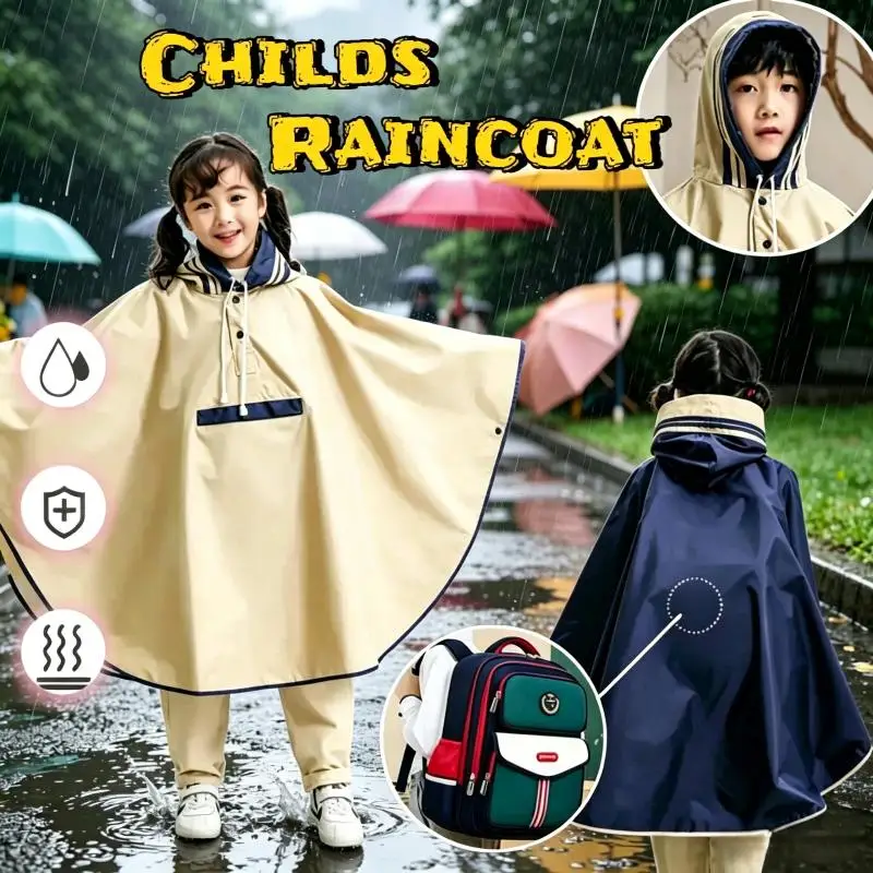 Kids Cape-style Poncho Raincoat Thickened Cloak With Backpack Compartment For Riding Bikes