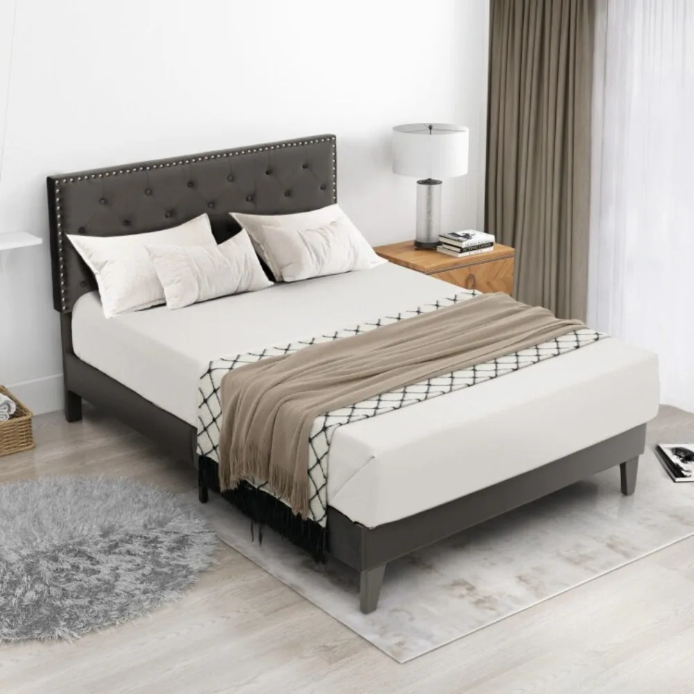 Full Size Modern Upholstered Platform Bed Frame Bedroom With Tufted Headboard