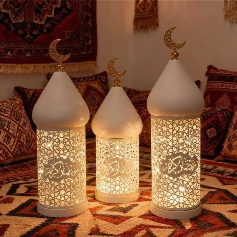 Moroccan White Openwork Iron Led Lantern Decorative Lamp for Home Bedroom Living Room Wedding Party Table Shelf Mantel Decor