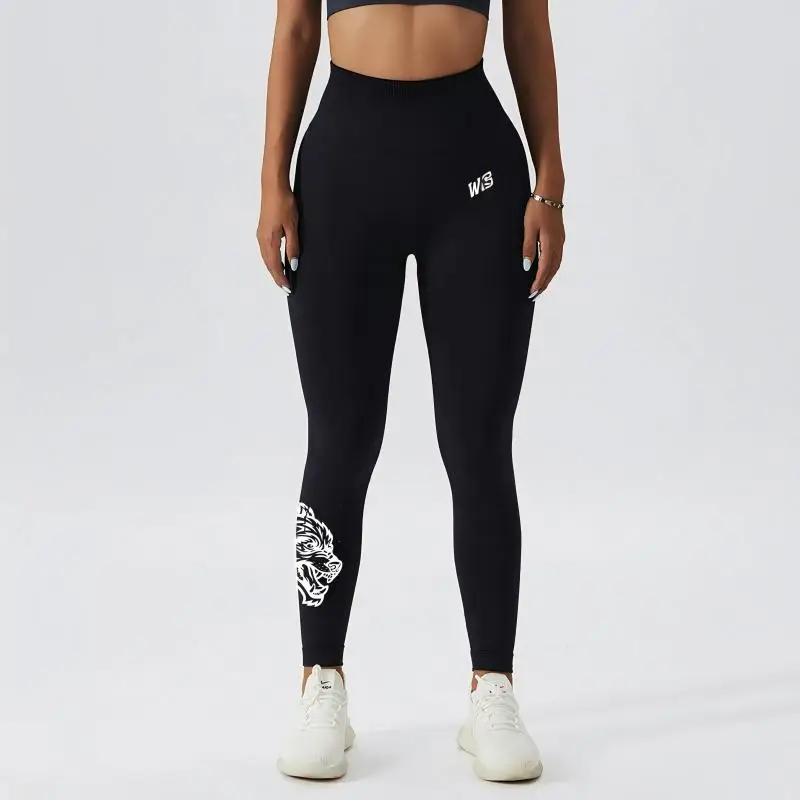 

New high-waisted women's printed fitness yoga pants wolf head pattern buttocks tight sports high-elastic fitness leggings.