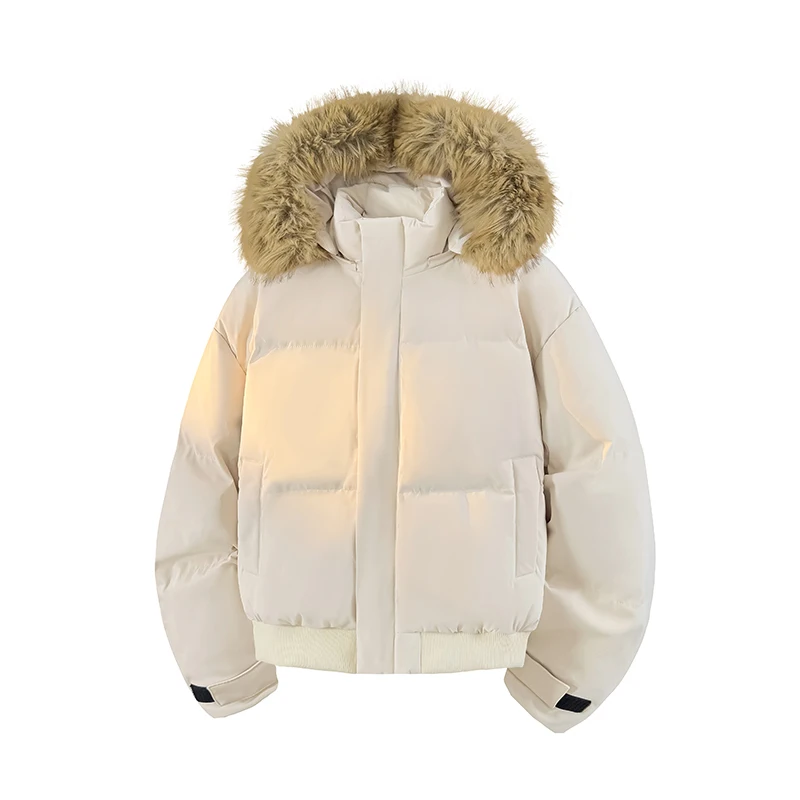 

2025 New Men Hooded Coat with Fur Thick Warm Puffer Jacket Loose Fit Casual Solid Color Minimalist Street Style Hooded Coat
