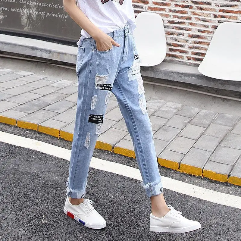 Summer New Ripped Jeans Casual Sportswear Elegant Women\'s Suit Lovely Printed T-shirt Loose Capri Jeans Two-piece Outdoor Suit