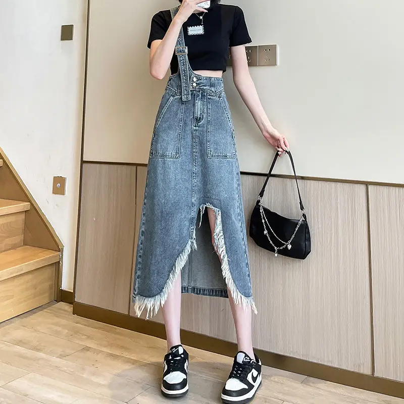 DAYIFUN Lady Irregular Denim Skirts Women Retro Single Shoulder Strap Skirt Summer 2024 High Waisted Mid Length Denim Dresses